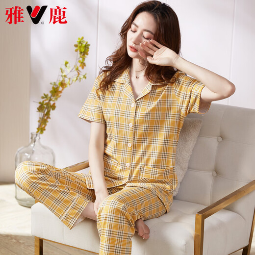 Yalu haut de gamme Plaid d'été pyjamas pyjamas de coton mince pantalon à manches courtes pour femmes Summer Mother Home Clothing Clothing 9923 M -80-95Jin [Jin est égal à 0,5 kg]