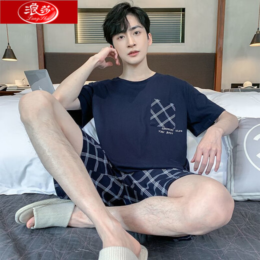 浪莎睡衣男士夏季纯棉短袖短裤套装夏天薄款大码宽松休闲套头家居服男 HD9928B短袖套装 XL 125-145斤