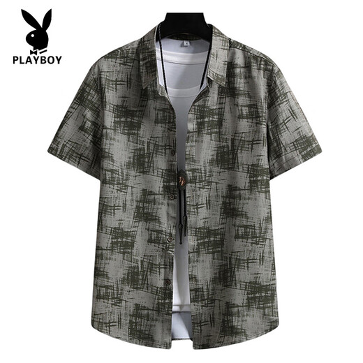 Playboy (Playboy) Camisa de manga corta para hombres en verano Collar de cuello puntiagudo Flower Flower Chaqueta de pepito de seda Delina Top de seda Camisa para hombres 7027 Café profundo M aproximadamente 95 ~ 110Jin [Jin equivale a 0.5 kg] se puede usar