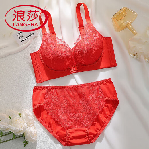 LangSha natal year buckle red bra set gathers pure lust style beautiful back anti-sag lace ladies underwear big red set 95C 42