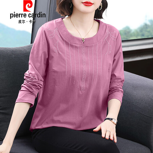 T-shirt à manches longues en coton en coton pour les femmes, chemise de base de l'âge lâche et à la mode 2025 chemise de base de graisse d'âge moyen, vêtements d'automne, usure extérieure, Taro Sweet Purple 693 m, recommandé 90-105 Jin [Jin est égal à 0,5 kg]