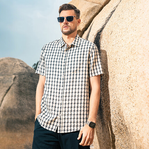 EHANGYTRSV Brand Herren Tennishemd Herren alter Qian -Stil 100% Kurzarm Shirt Houndstrap Sommer Freizeit Dünne Stil Grauer weiße Gitter m