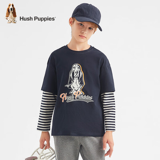 Hush Puppies casual style children's clothing boys autumn bottoming shirt long-sleeved T-shirt loose and comfortable casual long-sleeved crew neck shirt navy blue 130 cm slightly thin