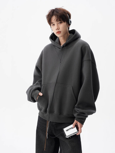OEMG heavyweight 400G velvet thickened hooded sweatshirt for men in autumn and winter American high street jacket trendy brand loose hoodie black XL recommended 110-130Jin Jin equals 0.5 kg