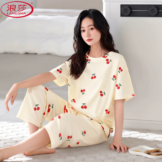 浪莎（LangSha）睡衣女夏季2025年新款短袖七分裤套装夏天女士中年妈妈宽松家居服 短袖七分裤-679 M 建议80-100斤