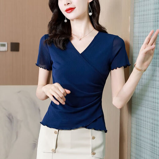 DryWorld2025 Summer Silk Extraño NUEVA Cross Cross Classic Color Solid Color Design Tope de malla Cobalt Base Tobalt Blue [Versátil de alta gama 9923 Azul] M