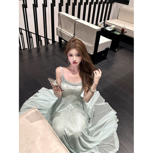 YIOU Gala Annual Meeting Slim Fit Super Fairy Crystal Diamond Chain Large Swing Strap Long Dress 8345 Green M