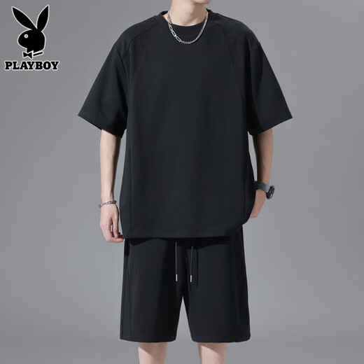 
Playboy (PLAYBOY) high-end suit men's short-sleeved T-shirt shorts 2025 summer trend black sports and casual two-piece set fashion 5364 black [set] 5XL [181-210]