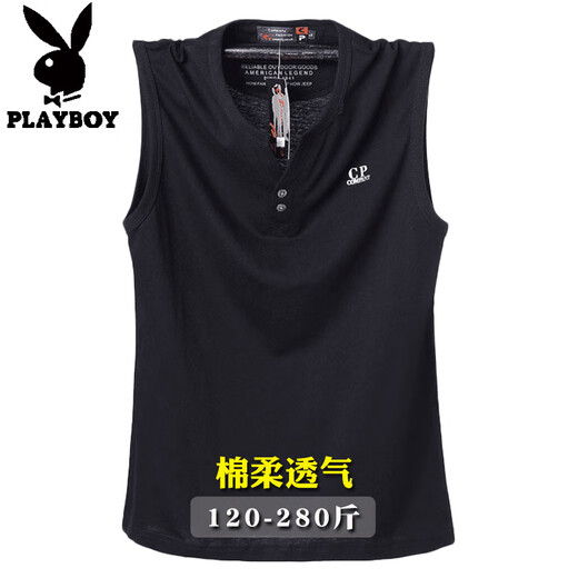 Playboy Henry Collar Pure Cotton Thin Summer V-Neck Vest Men's Broad Shoulders Plus Fat Extra Large Loose Shoulder Sweatshirt Fat Man Sleeveless T-Shirt Navy V 4XL Recommended 205-225Jin Jin is equal to 0.5 kg