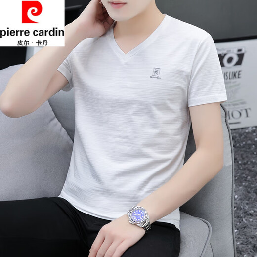 皮尔卡丹（pierre cardin）清新绿色纯棉冰丝短袖t恤男装夏季V领修身轻奢简约透气环保打底衫 白色693款凸印 M 不起球不掉色