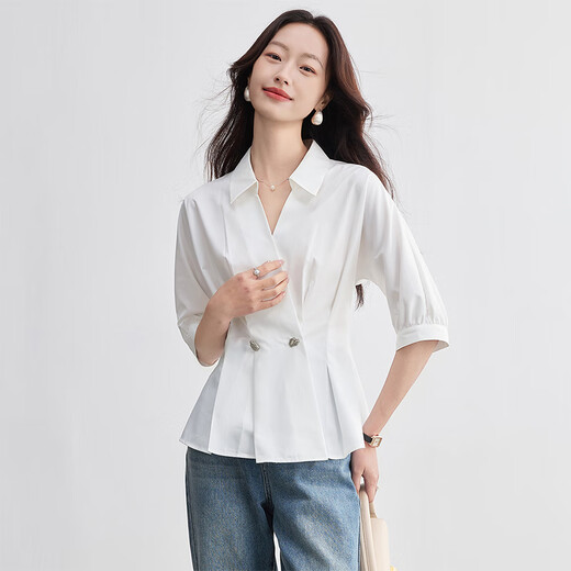 
Shangdu Bila light and fashionable commuting shirt for women with five-point sleeves and temperament design double-breasted placket waist shirt