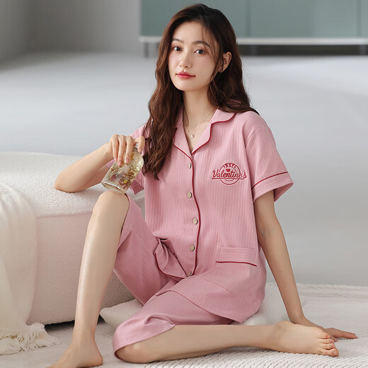 Yalu 2025 Neue Pyjamas für Frauen im Sommer reines Baumwoll kurzärmelige Kurzhose für Sommer loser großer Strickjacke mit Taschen-Strickjacke Home NX9898 M