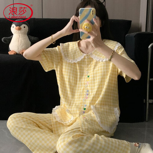 Langsha (Langsha) Large-Size-Heimkleidung für Frauen 2025 NEUER KOLK-SELEVED COLAID Sweet Prinzessin Fengyunduo Cotton Pyjamas Drei-teiliger Set H9928 Polka Dot Kt Katze [kleiner Lapelstil] M empfohlen 75-100 Jin [Jin gleich 0,5 kg]