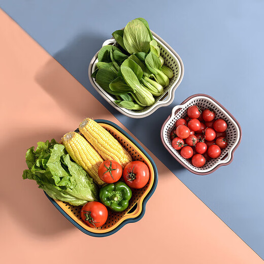 Double-layer drain basket vegetable blue vegetable basin home kitchen multi-functional large-capacity plastic fruit and vegetable bowl and chopsticks storage basin large + medium + small 6-piece set