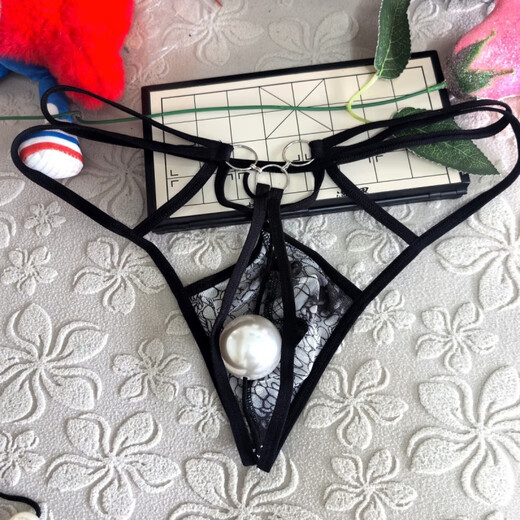 Perverted thong inserted into the anus, men's thong with hollow pouch, big beads, sexy underwear, lace temptation, low waist, black plus 4 cm