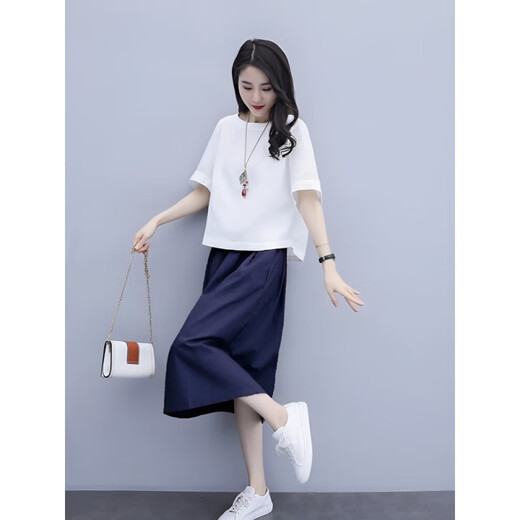 Hengyuanxiang cotton and linen dress for women loose 2025 summer new product casual age-reducing two-piece set temperament linen fashion suit white top + beige skirt S [80-105Jin[Jin equals 0.5 kg]]