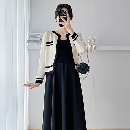Vestido de maternidad para primavera y otoño, vestido de maternidad que reduce la edad de moda, otoño, la falda del chaleco de longitud, el conjunto de color de albaricoque de dos piezas