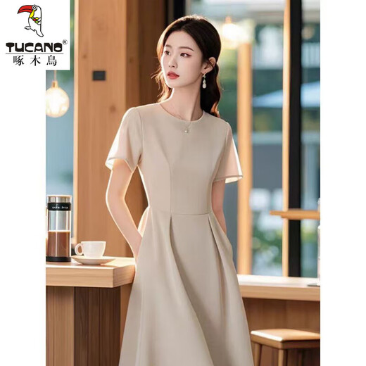 Woodpecker 2025 summer French style and many kinds of cold and unique apricot color waist-hugging dress. Women's temperament is age-reducing. Apricot color L is recommended. 105-115Jin [Jin equals 0.5 kg]