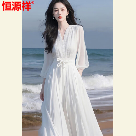 恒源祥白色新款连衣裙夏季温柔系穿搭高端精致轻奢高级感海边度假风 白色连衣裙2025上新 L 建议107-117斤