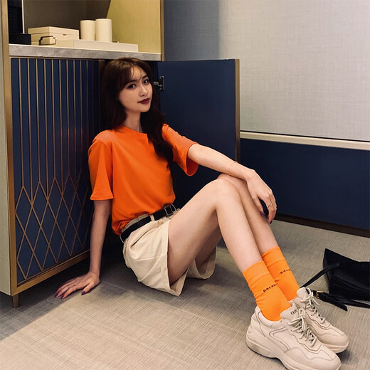 
Cool Chapter (KUZHANG) Hong Kong style burgundy T-shirt for women short-sleeved 2024 new summer blue yellow solid color loose shoulder top pure cotton white 3895 S