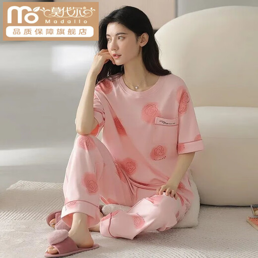 莫代尔棉质睡衣女短袖长裤夏季韩版女士圆领套装薄款棉质外穿家居服 RN9713#短袖长裤 棉质 M (80-100斤)