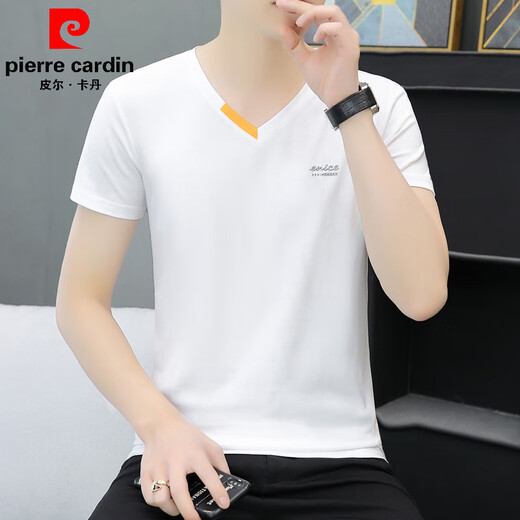 皮尔卡丹（pierre cardin）夏装新款高档纯色纯棉男短袖潮牌t恤打底衫V领体恤潮流半袖上衣服 白色qy691 M 90-100斤