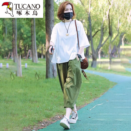 啄木鸟时尚休闲套装女夏简约白色T恤上衣宽松显瘦阔腿哈伦裤两件装 裤子 【单裤子】 XL 【115-130斤】