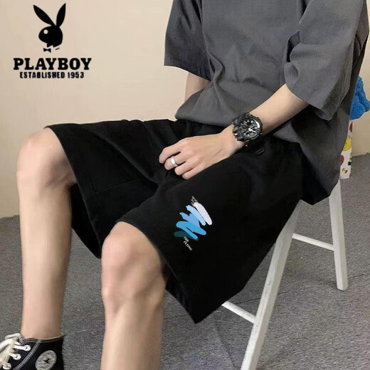 Playboy Hong Kong style casual shorts men summer American printed loose student sports pants ins trendy brand five-point mid-pants men [3895*wasp]-Black M