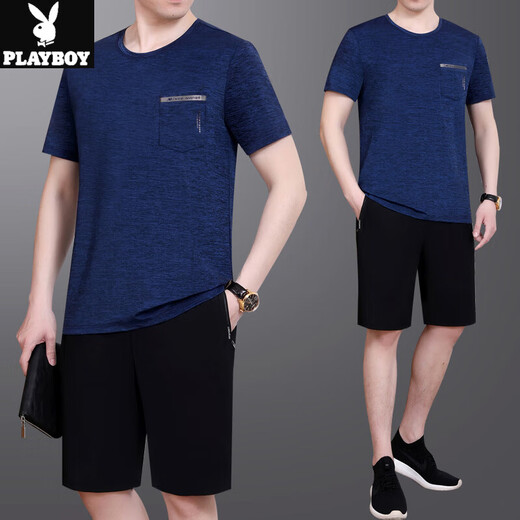 Playboy Dad Summer Ice Silk Set Short Sleeve T-Shirt 2025 Neue mittlere und ältere Vatertags Sommer-Freizeitsportmänner JM-723 Royal Blue [zweiteiliger Set] 3xl [Vorgeschlagen 160-180jin [Jin gleich 0,5 kg]]