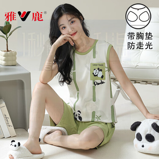 Yalu chest pad vest pajamas for women for summer pure cotton thin cartoon panda sleeveless home clothing set can be worn outside large size chest pad vest set-F9856 M women Recommended 80-100Jin [Jin equals 0.5 kg]