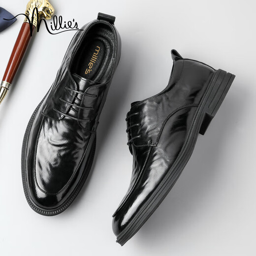 Millies first layer cowhide men's shoes British business casual shoes glossy retro men's wedding shoes leather shoes men U1291 black 40