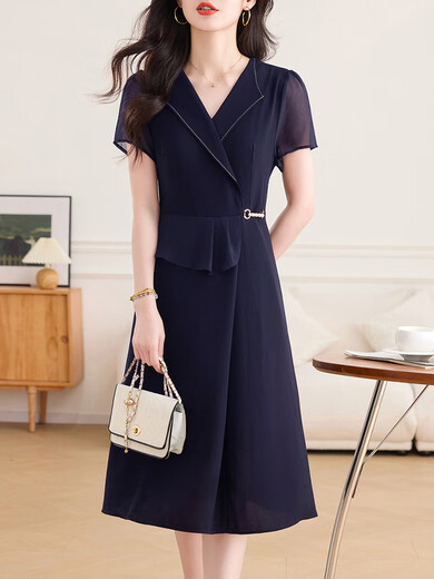 TJQ ​​Luxury High-End-Markenkleid für Frauen 2025 Sommer neuer Stil Stylish Slim Atmospherer Temperament und schicker modischer Rock Navy Blue L 100-110jin [Jin gleich 0,5 kg]