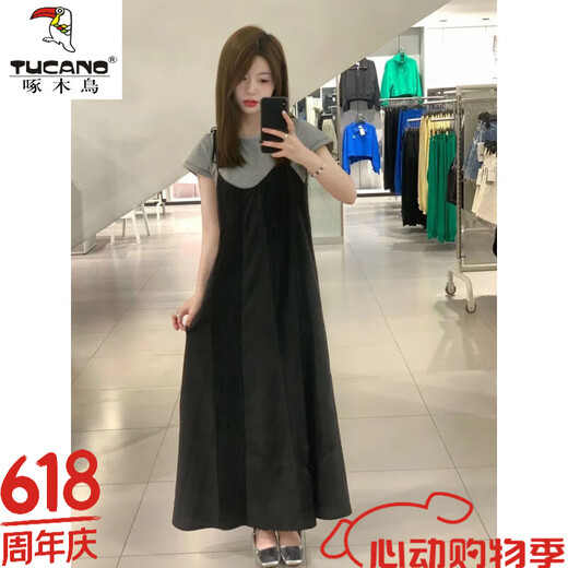 啄木鸟（TUCANO）【高品质】吊带连衣裙套装简约慵懒风甜美系带直筒裙叠穿灰色T恤 连衣裙子 S