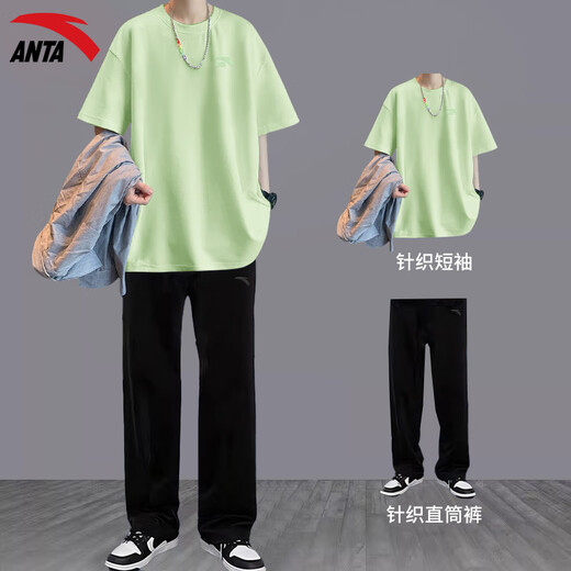 安踏运动套装男2025年夏新款纯棉短袖T恤长裤运动服青少年休闲两件套 【套装】-1纯净白 L/175
