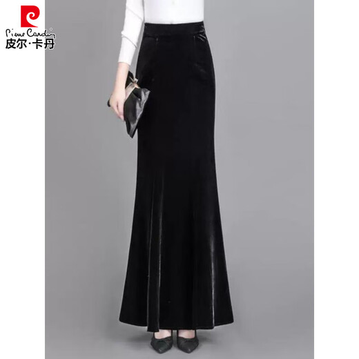 Pierre Cardigan long gold velvet skirt fishtail skirt spring draping effect slimming tall women hip-covering long skirt showing temperament black 2XL 140-155