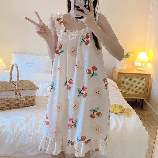 Ins Style Cherry Suspender Nachthemd für Frauen im Sommer Dünnstil 2025 Neue Internet Prominente Prinzessin Stil süßer Student Pyjamas Trend 9272# Cherry Bear M.