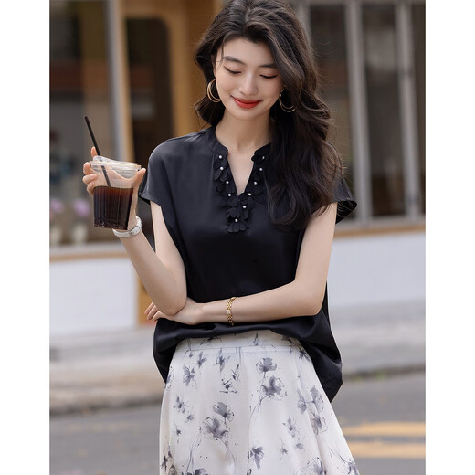 
Demana [Silkly 50D Encrypted Stretch Satin] Summer French Petal Pearl V-neck Shoulder Cover Sleeve Women's Shirt