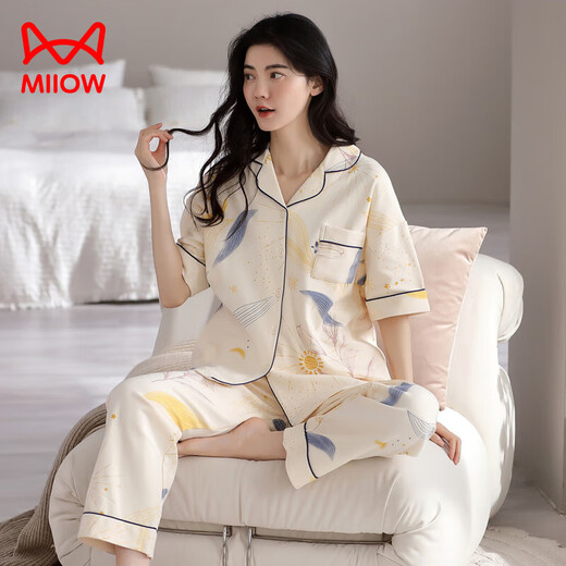 Catman pajamas for women in summer 2024 new cardigan design for easy wearing and taking off pure cotton fabric skin-friendly and comfortable home clothes for women 702 2XL Recommended weight 135-155Jin [Jin equals 0.5 kg]