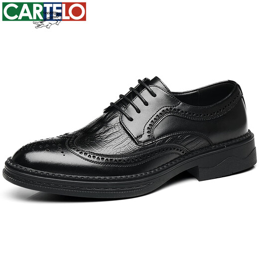 CARTELO crocodile leather shoes men's cowhide business casual formal wedding British brogue carved men's shoes 6533 black 42