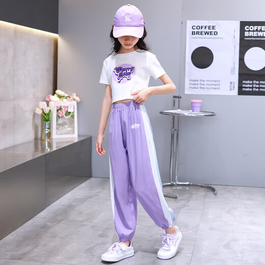 小憨鹿女童夏季新款运动套装潮流短袖宽松薄款夏装 5729紫色+9889白色 160 cm
