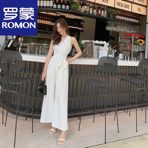 罗蒙（ROMON）2025新款韩版时尚气质裤女高腰法式无袖显瘦阔腿连体女装夏季 白色【面料】 M 建议【90-105斤】