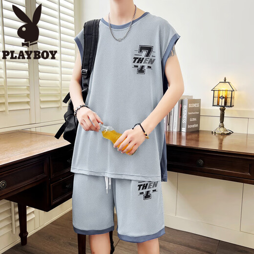 花花公子（PLAYBOY）冰丝无袖t恤男孩12-15岁青少年学生速干篮球服13大童背心运动套装 6636深灰(背心+短裤) 品质保证 2XL 140-160斤左右