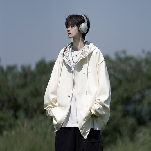 NYING American contrasting color hooded cardigan jacket for men in spring and autumn new fashion brand plaid heavy large size loose sweatshirt top gray XL (125-140Jin Jin equals 0.5 kg)