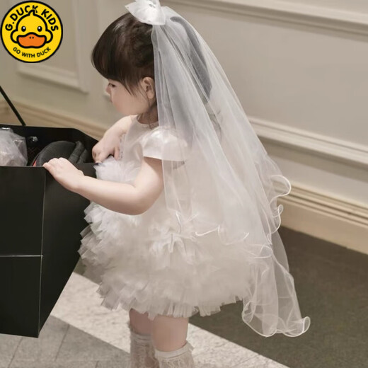 G.duck Children's First Birthday Dress 2025 New Super Fairy and Cute Princess Dress Girls Princess Dress Summer White + Veil 80
