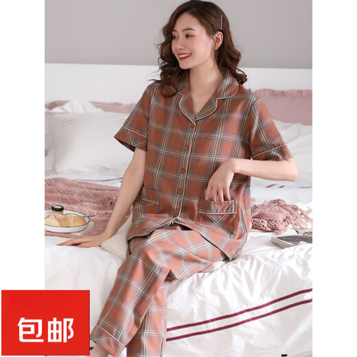 
Pang Donglai DL summer pure cotton pajamas women's short-sleeved trousers thin 2025 new style plaid cotton summer mother home A9923 M Suggestion-80-95Jin[Jin equals 0.5 kg]