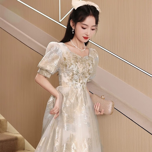 Li Baixin champagne color evening dress women's banquet French light luxury niche temperament high-end sense princess student adult ceremony art test champagne color M recommended 90-100Jin Jin is equal to 0.5 kg