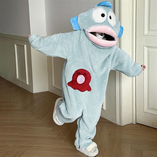 Disney Ugly Fish children's cute and funny one-piece pajamas for men and women flannel autumn and winter thickened coral velvet cartoon home clothes Big-headed fish one-piece suit 165 S