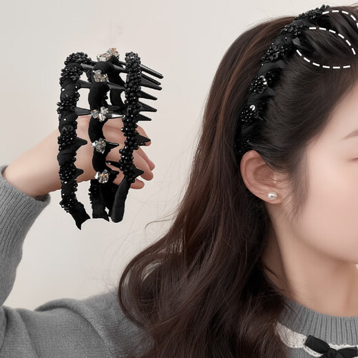 Hairband with high crown for women, toothed headband, fashionable and stylish hairpin 2025 new headwear, black satin beads, certified high crown