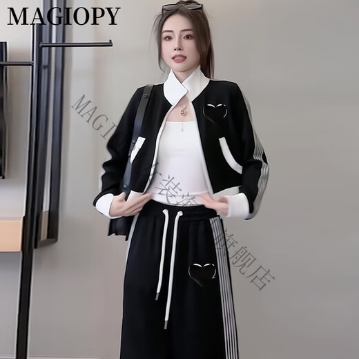 MAGIOPY国际奢侈高档品牌网红同款休闲运动套装女装秋季时尚减龄黑色外套 黑色 S(100斤以内)