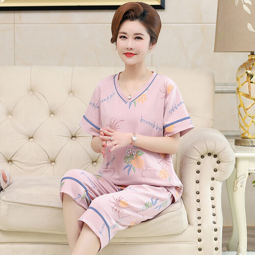 
Victoria's style middle-aged mother pajamas for women in summer pure cotton short-sleeved home clothes middle-aged and elderly thin cropped pants two-piece set Y3937 3XL